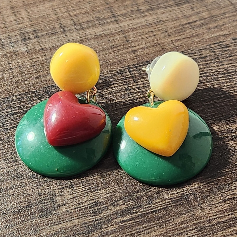 Mismatched Heart Drop Earrings Green Yellow Red Resin Retro Kidcore Statement